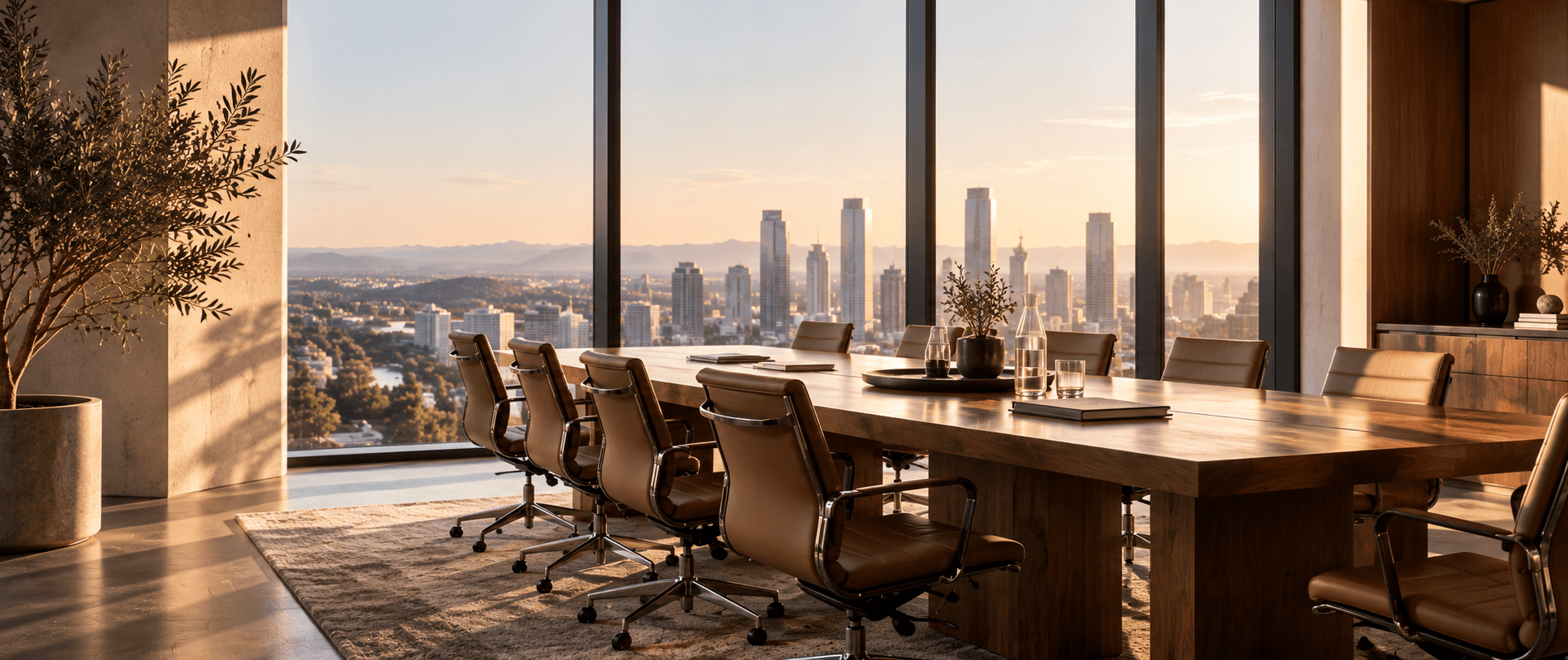 An executive boardroom at golden hour, with a long wooden table overlooking the city