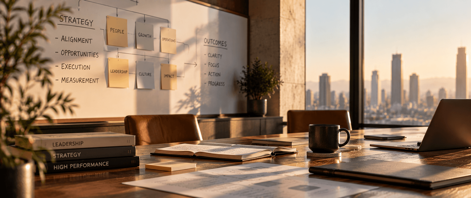 A boardroom at sunrise, with a strategy whiteboard, books and notes on a wooden table